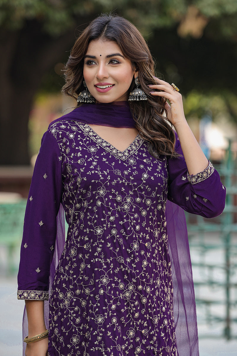 Purple Silk Blend Ethnic Motifs Straight Suit Set