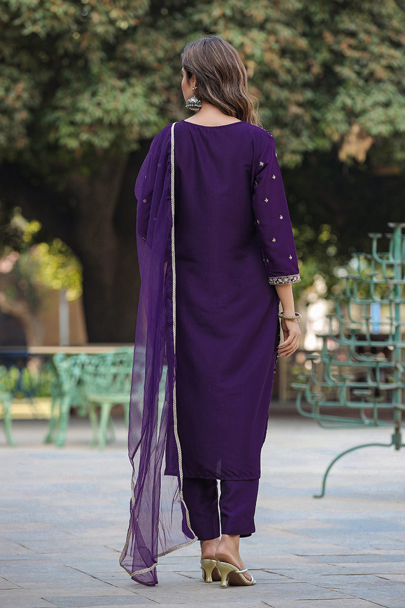 Purple Silk Blend Ethnic Motifs Straight Suit Set