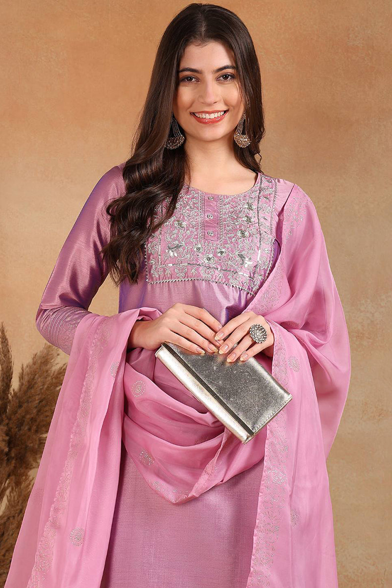 Lavender Silk Blend Straight Kurta Pant With Dupatta