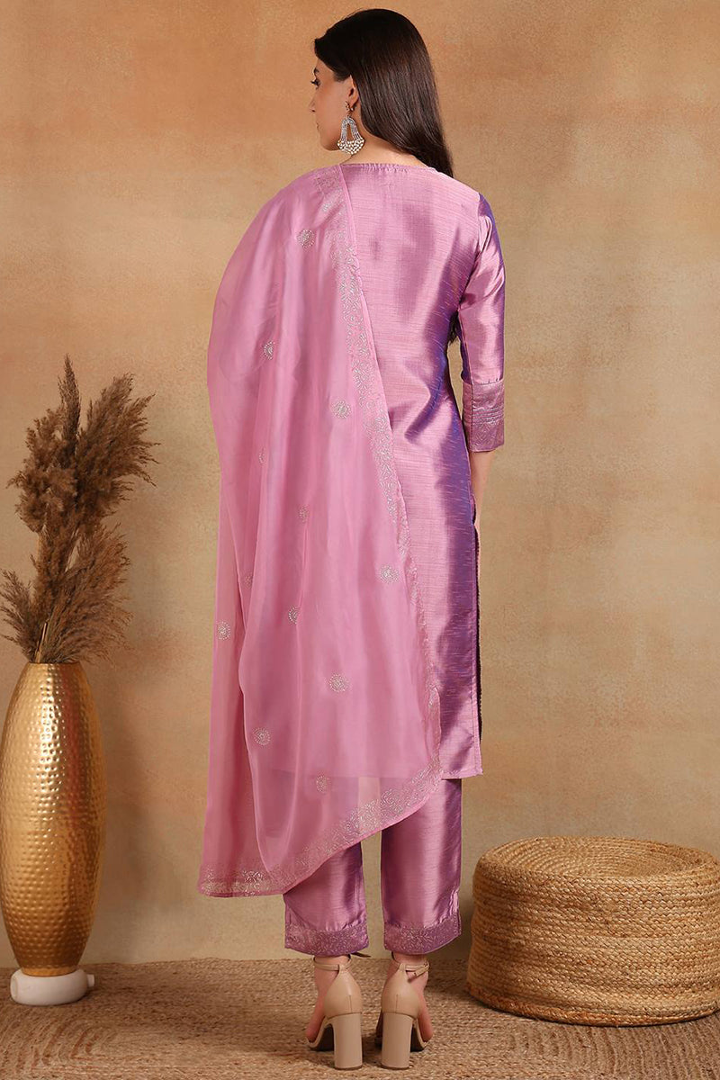 Lavender Silk Blend Straight Kurta Pant With Dupatta