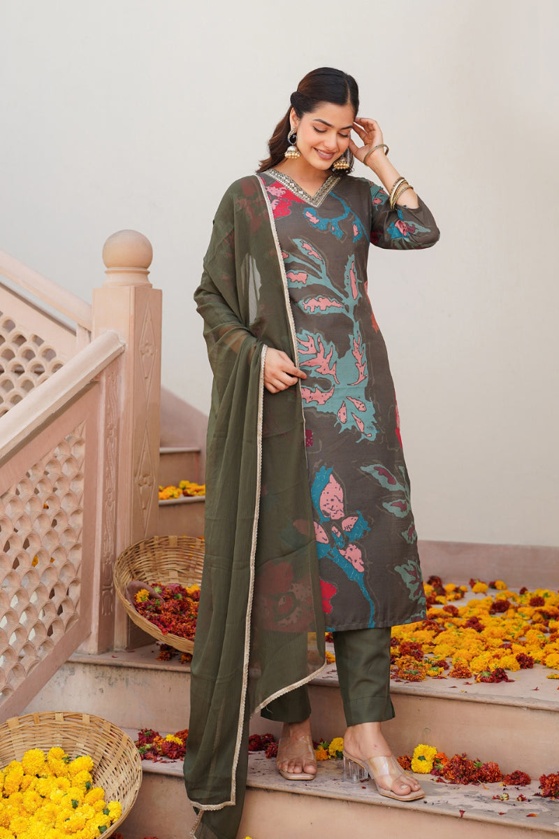 Olive Rayon Blend Floral Printed Straight Suit Set