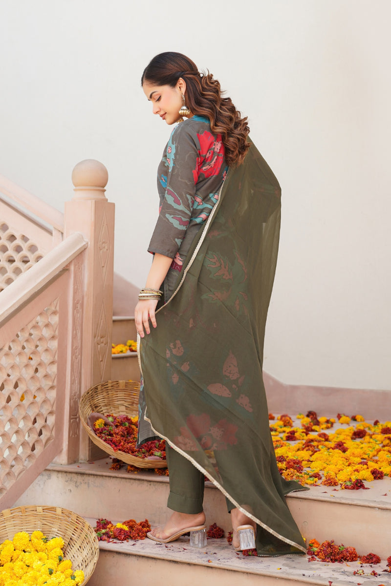 Olive Rayon Blend Floral Printed Straight Suit Set
