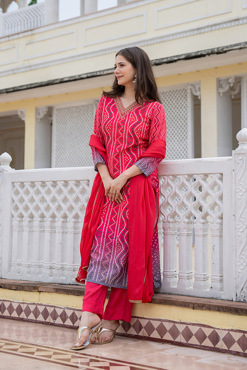 Red Rayon Blend Bandhani Printed Straight Trouser Bottom Suit Set