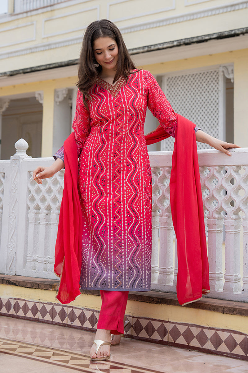 Red Rayon Blend Bandhani Printed Straight Trouser Bottom Suit Set