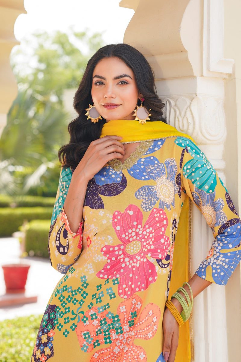 Yellow Cotton Blend Floral Printed Straight Trouser Suit Set