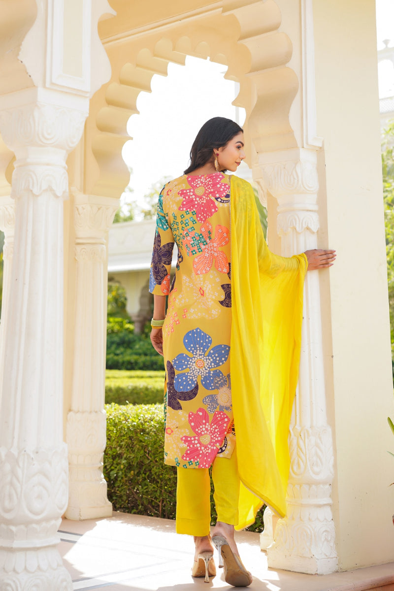 Yellow Cotton Blend Floral Printed Straight Trouser Suit Set