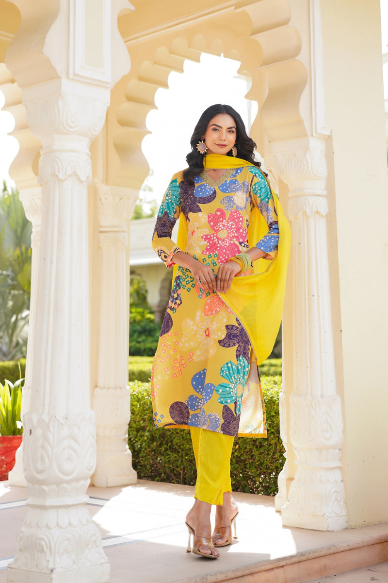Yellow Cotton Blend Floral Printed Straight Trouser Suit Set
