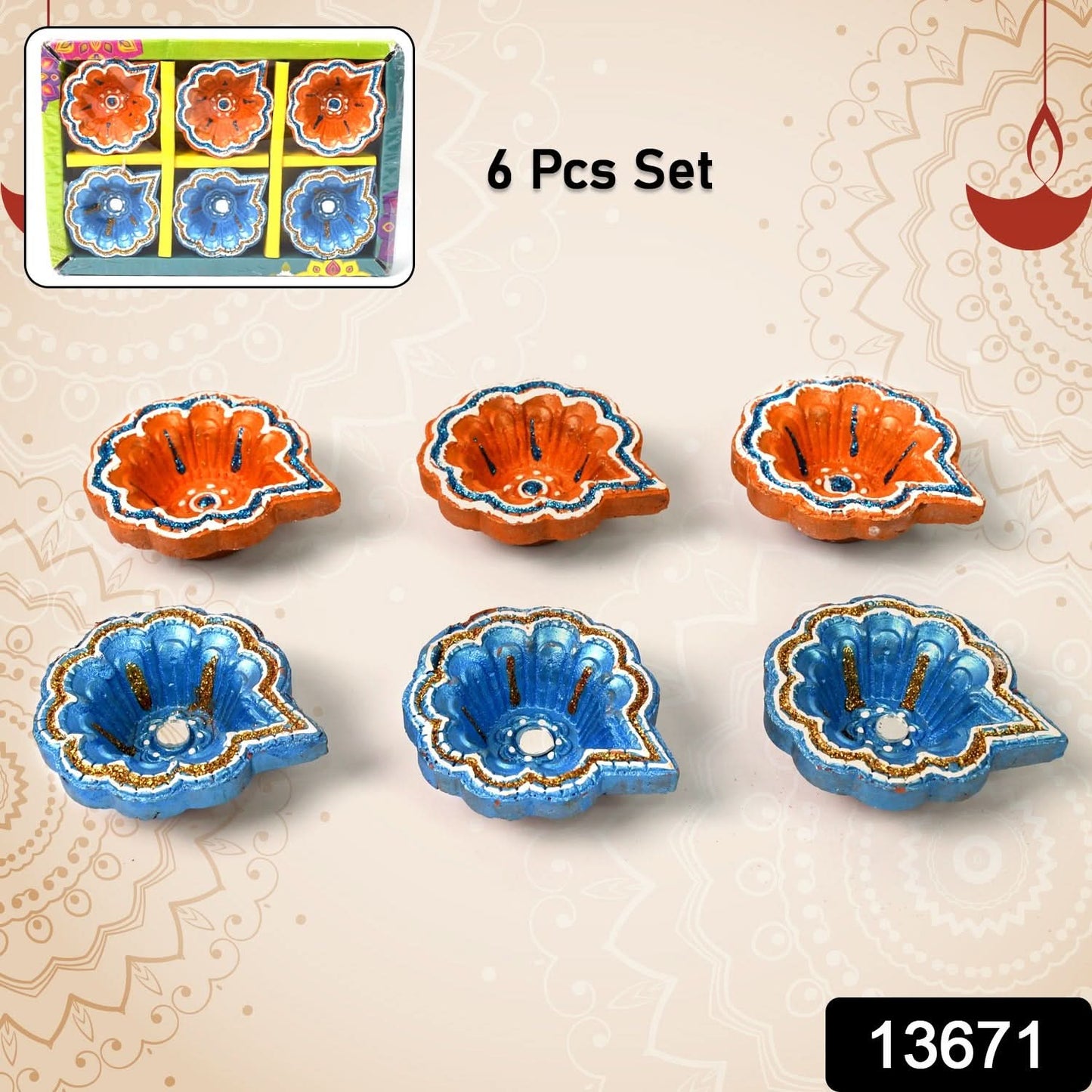 Handmade Decorative Diya Set – 6pcs Traditional Clay Oil Lamps for Diwali, Pooja & Festive Decor