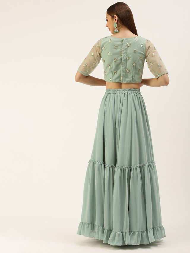 Bollywood Vogue Ready To Wear Light Peach N Green Embroidered Crop Top N Skirt