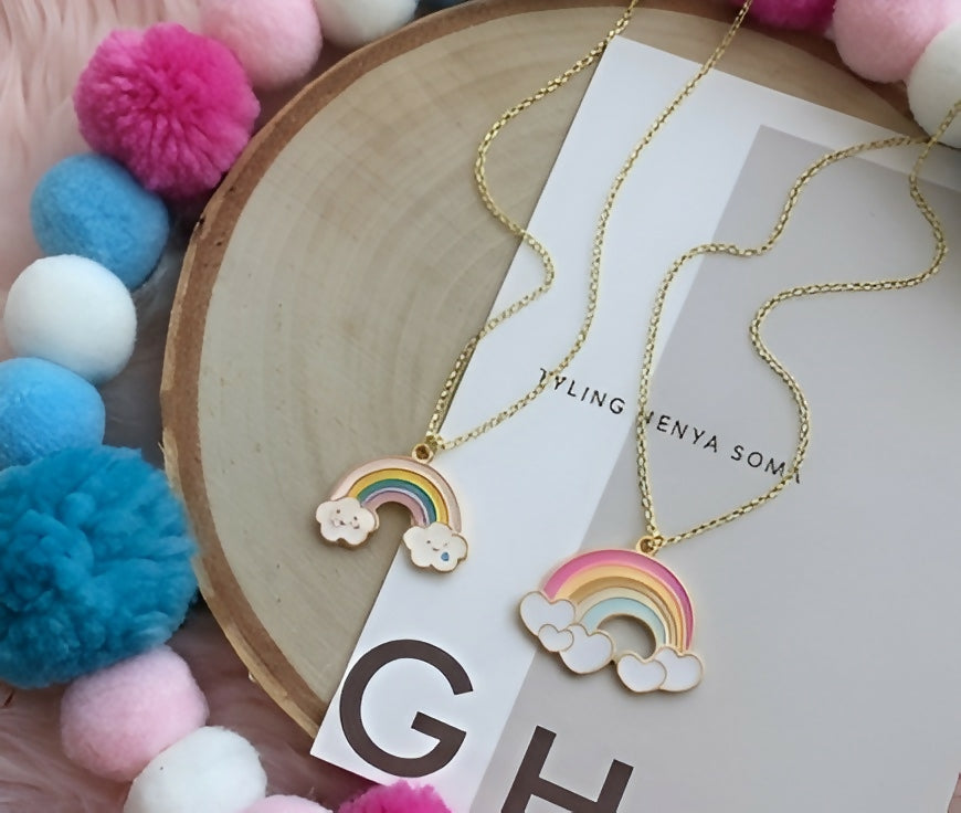 Rainbow Pendant & Cartoon Animal Face Necklace Set (2 Pieces)