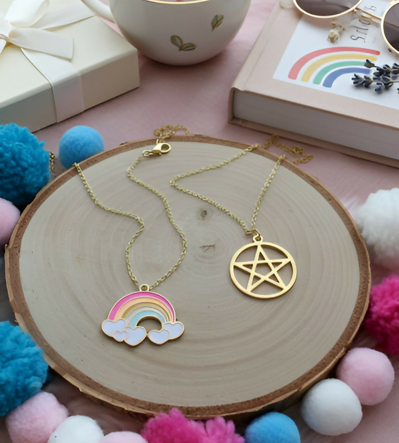 Stylish Pendant Necklaces for Women Set of 2 – Rainbow Cloud & Star Charm Gold-Plated Chain Jewelry Combo pinapes