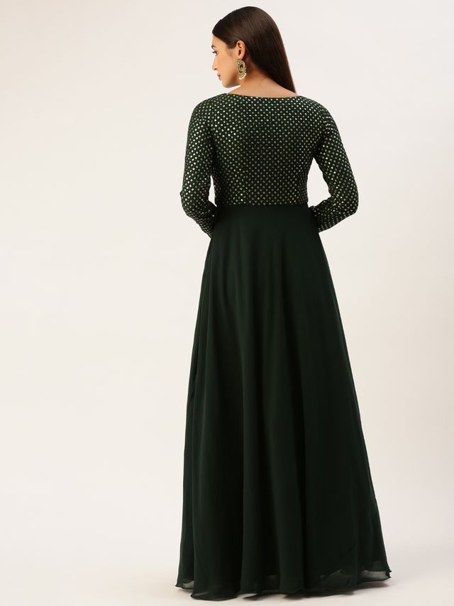 Bollywood Vogue Ready To Wear Green Georgette Embroidered Gown