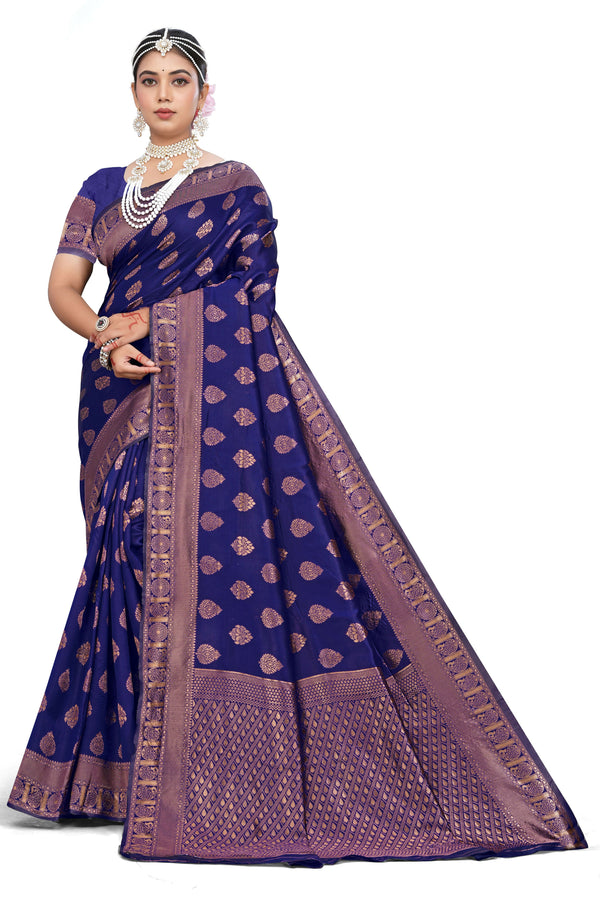 AXONIT Royal Blue Banarasi Silk Saree with Heavy Golden Zari Border & Pallu