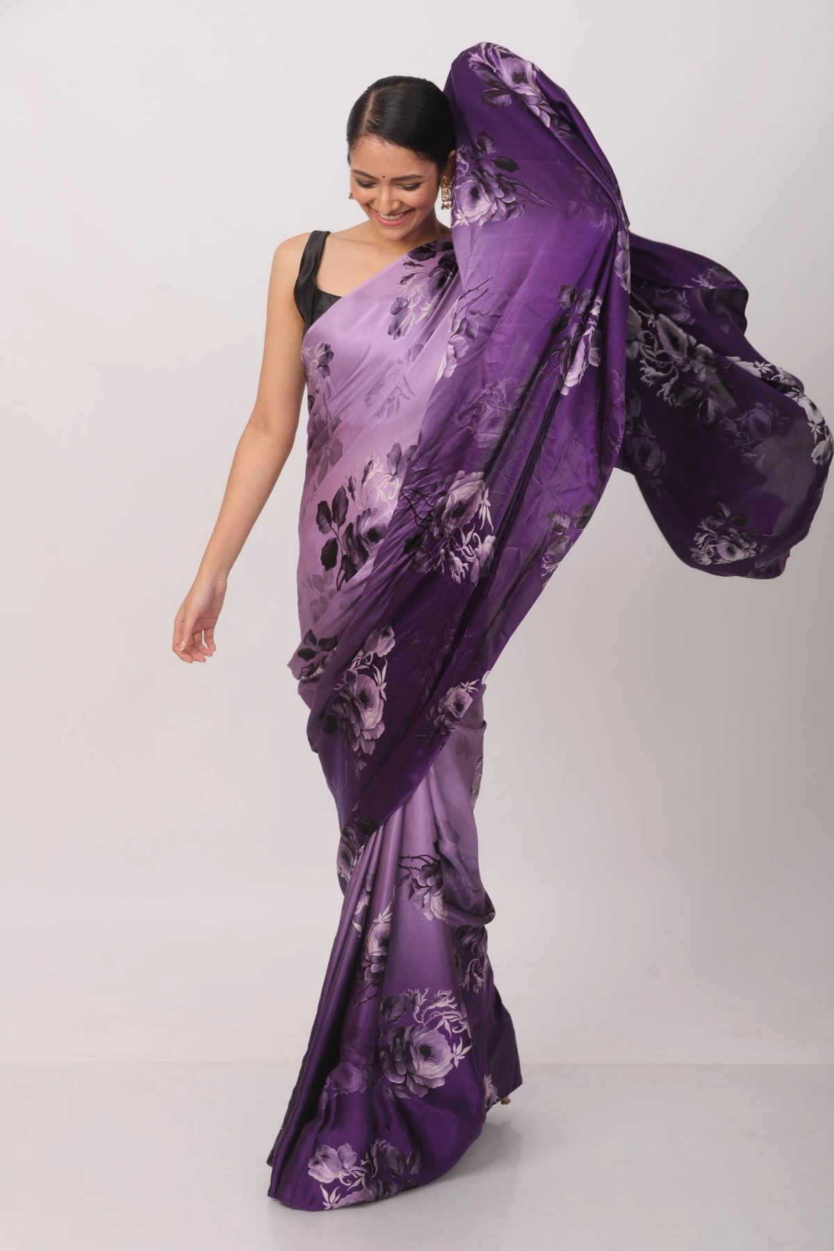 Floral Printed Heavy Satin Sarees With Plain Blouse