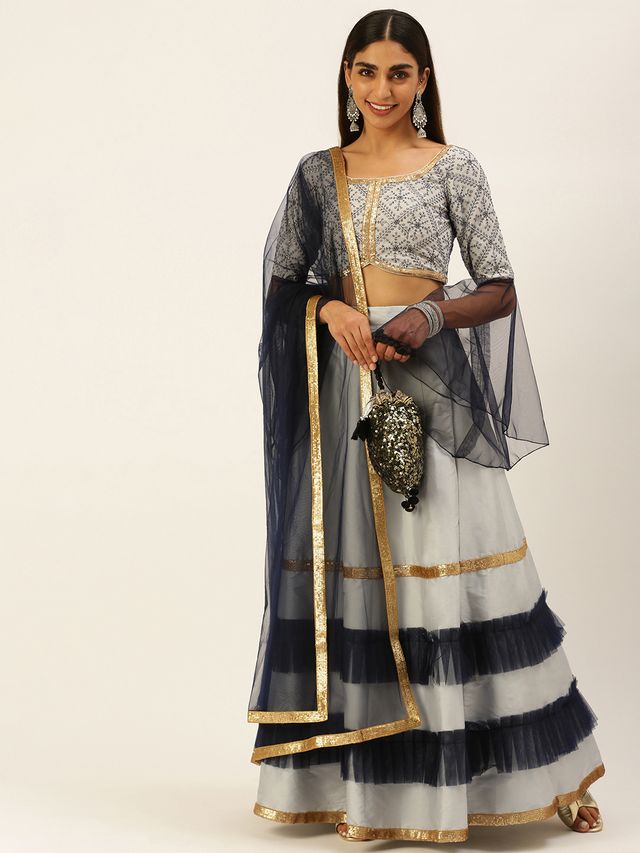 Bollywood Vogue Ready To Wear Blue N Grey Sequence Embroidered Lehenga Set