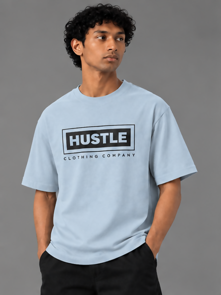 HUSTLE Men's Crew Neck Oversized T-Shirt – Sky Blue(Oversized fit)