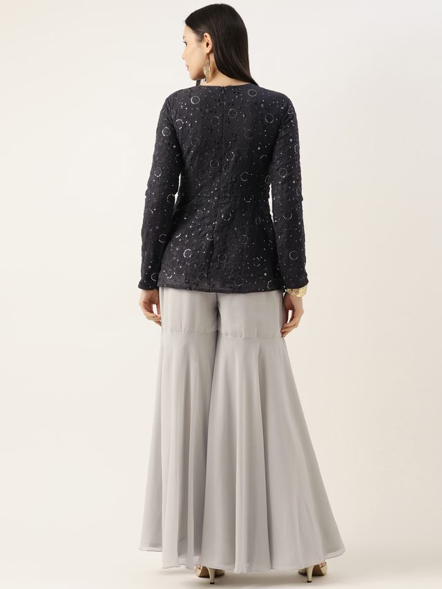 Bollywood Vogue Ready To Wear Silver N Dark Grey Georgette Sequins Embroidered Gharara Set