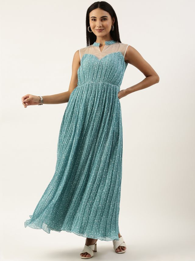 Bollywood Vogue Ready To Wear Blue N White Printed Pleated Georgette Gown