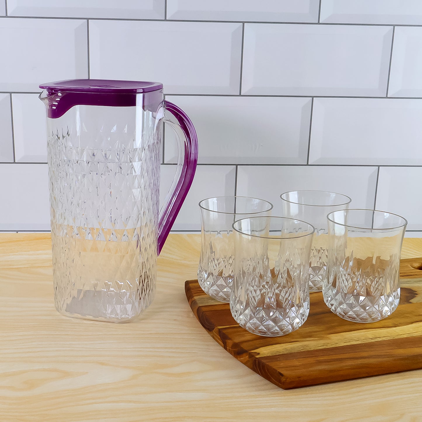Supermom ROMA 5-Piece Diamond-Cut Plastic Jug with 4 Glasses Combo Set – 1500 ML Pitcher and 4 x 300 ML Tumblers (5 Pc)