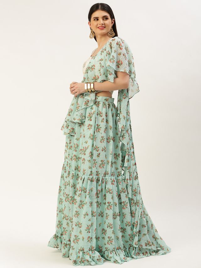 Bollywood Vogue Ready To Wear Mint Green Georgette Digital Printed Lehenga Set