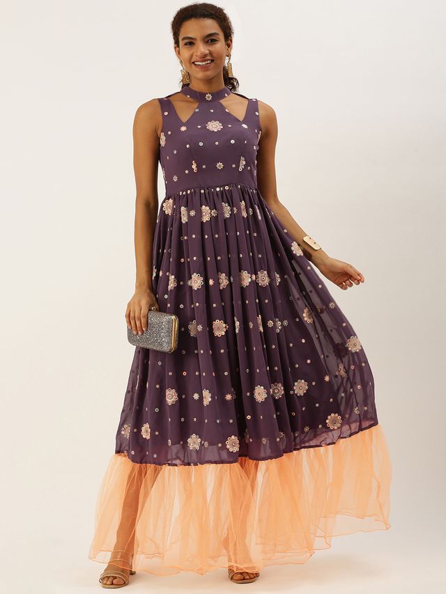 Bollywood Vogue Ready To Wear Magenta Georgette Embroidered Sheer Gown
