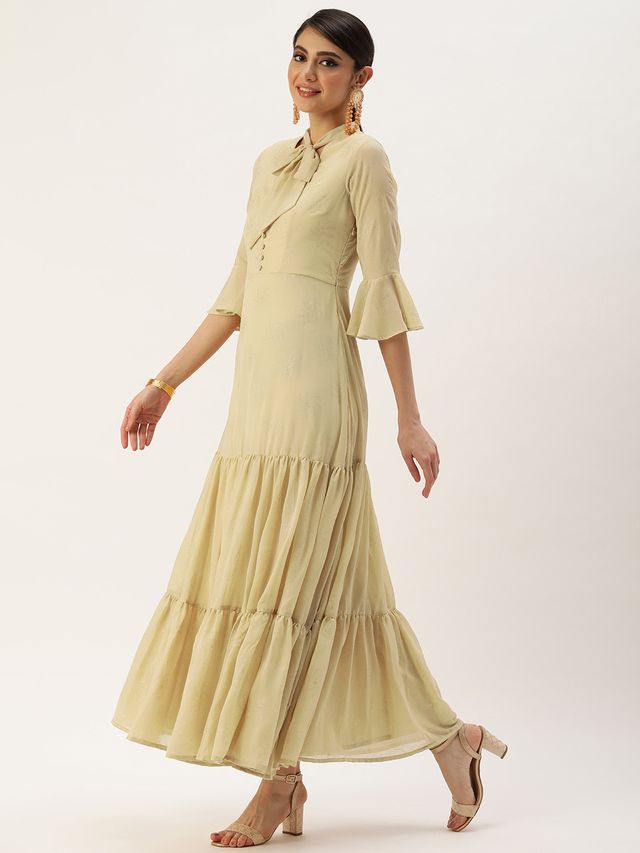 Bollywood Vogue Ready To Wear Beige Georgette Foil Printed Maxi Dress