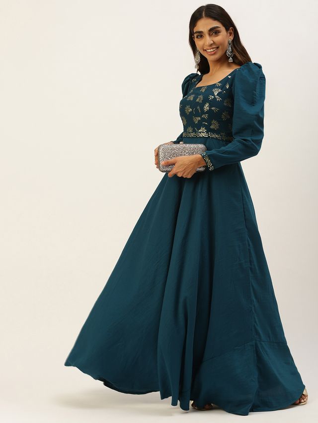 Bollywood Vogue Ready To Wear Teal Blue Georgette Embroidered N Art Silk Gown