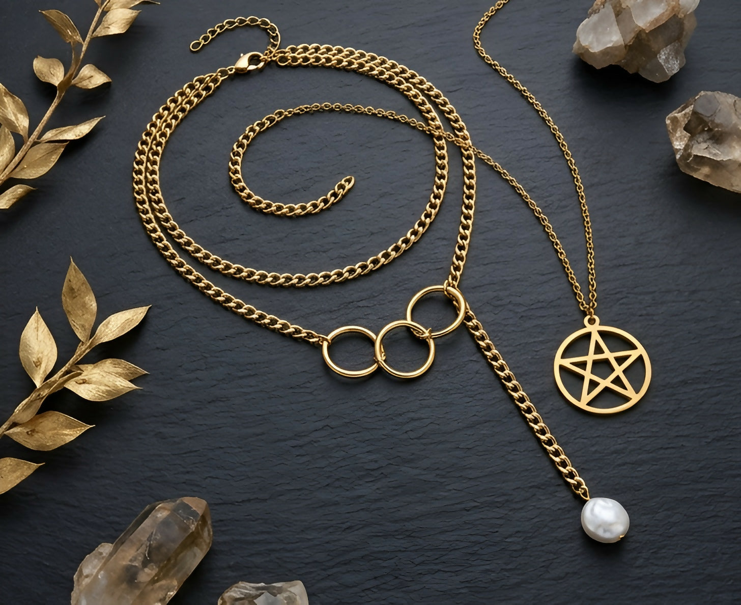 Elegant Dual-Layer Gold-Tone Necklace Set with Geometric Rings & Charm Pendant