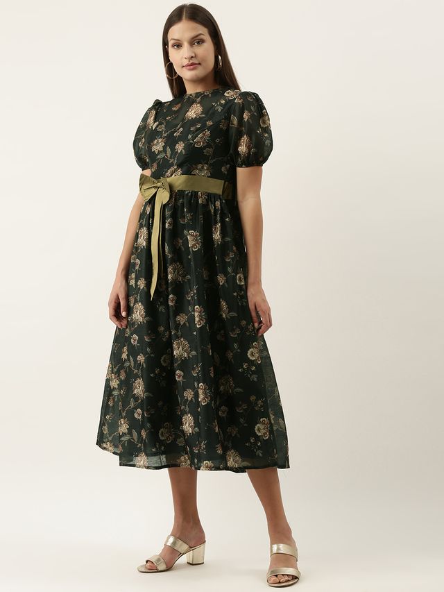 Bollywood Vogue Ready To Wear Green Chanderi Silk Puff Sleeve Dress
