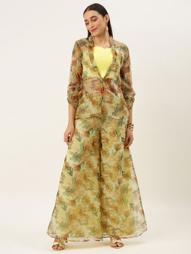 Bollywood Vogue Ready To Wear Green Organza Palazzo N Jacket Co Ords Set