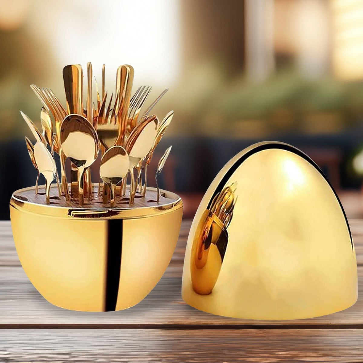 Premium 24-Piece Golden Cutlery Set with Stylish Oval Stand HP DD
