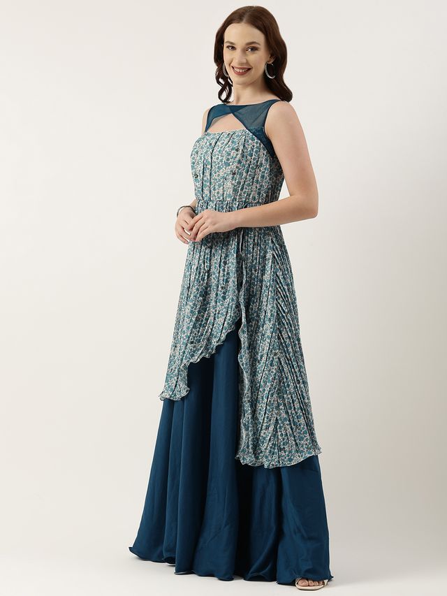 Bollywood Vogue Ready To Wear Cream N Blue Chinon Printed Maxi Dress
