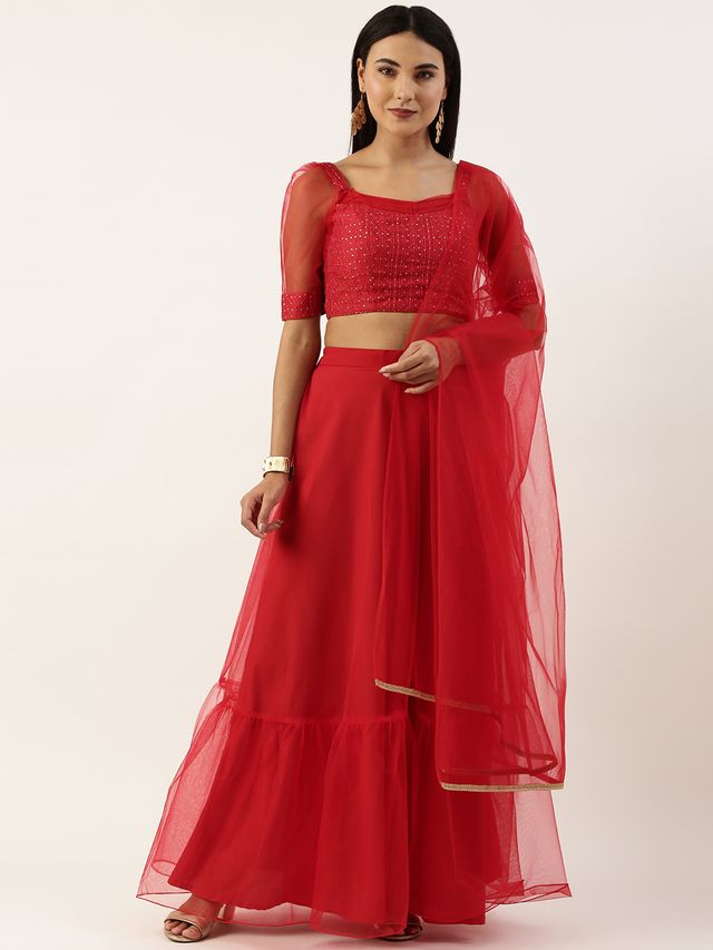 Bollywood Vogue Ready To Wear Dark Red Sequins Lehenga Set