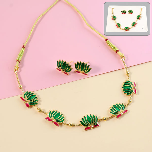 Traditional Green Lotus Motif Jewellery Set