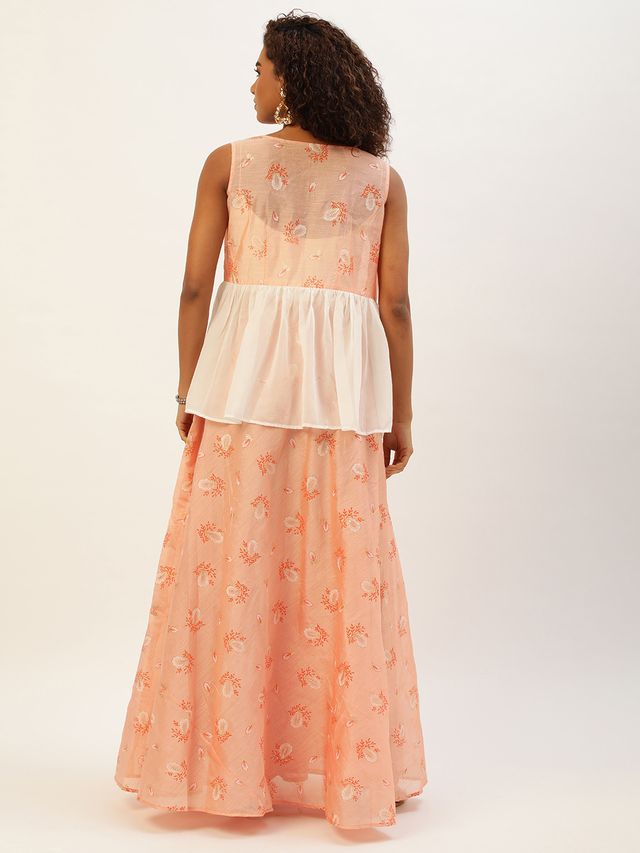 Bollywood Vogue Ready To Wear Off White N Peach Foil Printed Gown