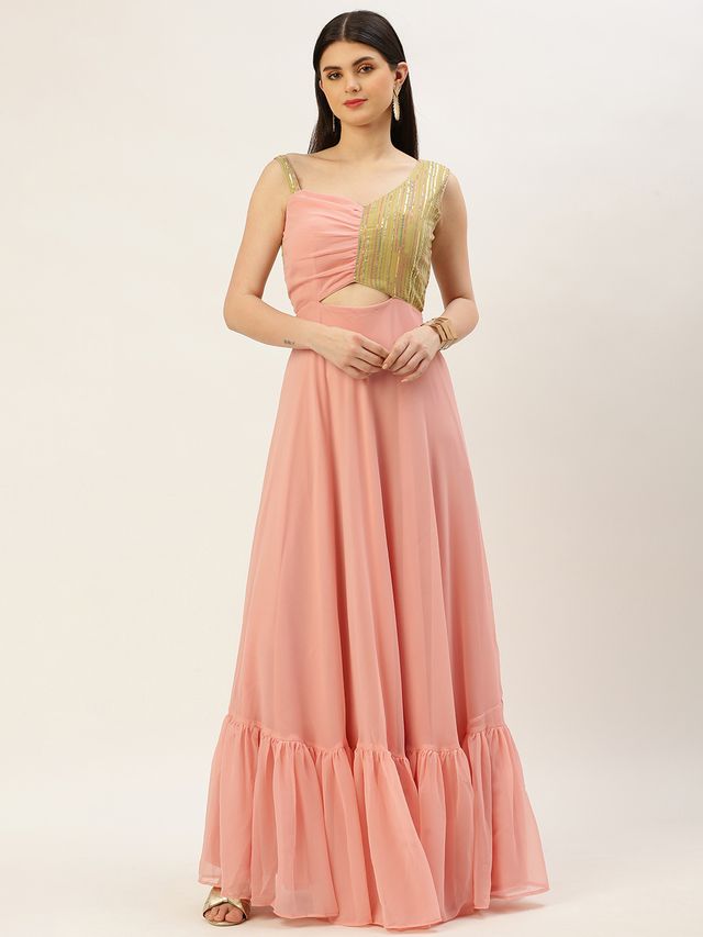 Bollywood Vogue Ready To Wear Green N Pink Sequence Embroidered Gown