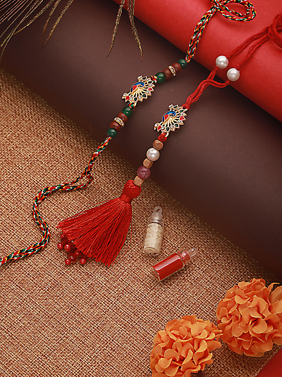 Jazz And Sizzle Set Of 2 Peacock Shaped Bhaiya Bhabhi Tasseled Rakhi
