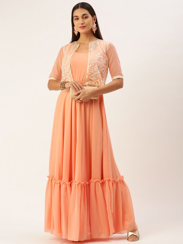 Bollywood Vogue Ready To Wear Off White Net Embroidered Jacket Style Gown