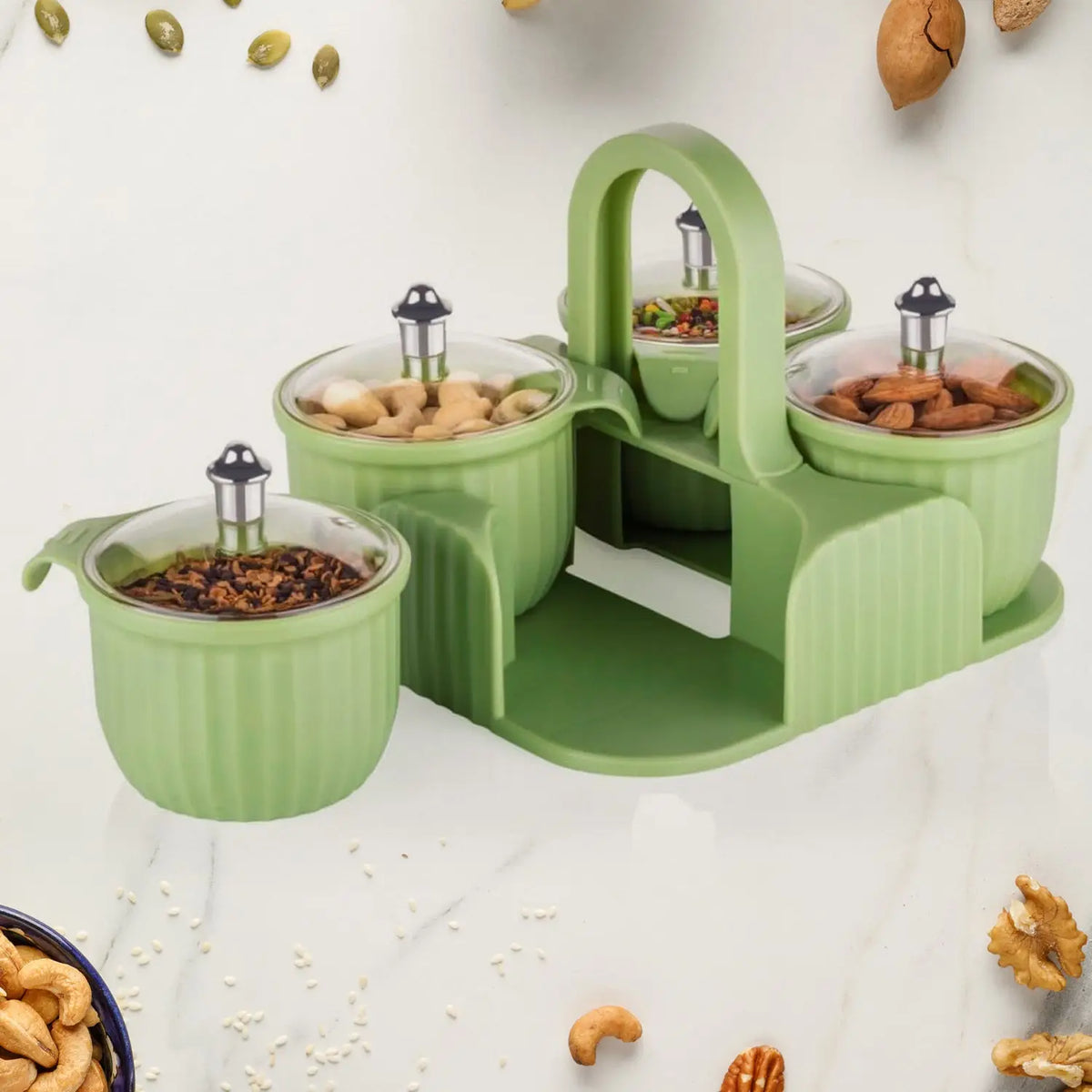 Multipurpose Jar Dryfruit Set Candy Chocolate Snacks Storage Jar Masala Jar For Home And Kitchen Airtight Dry Fruit Plastic Storage Container Tray Set With Lid 4 Serving Jar Container For Sweetschipscookies(4 Pc Set) HP DD