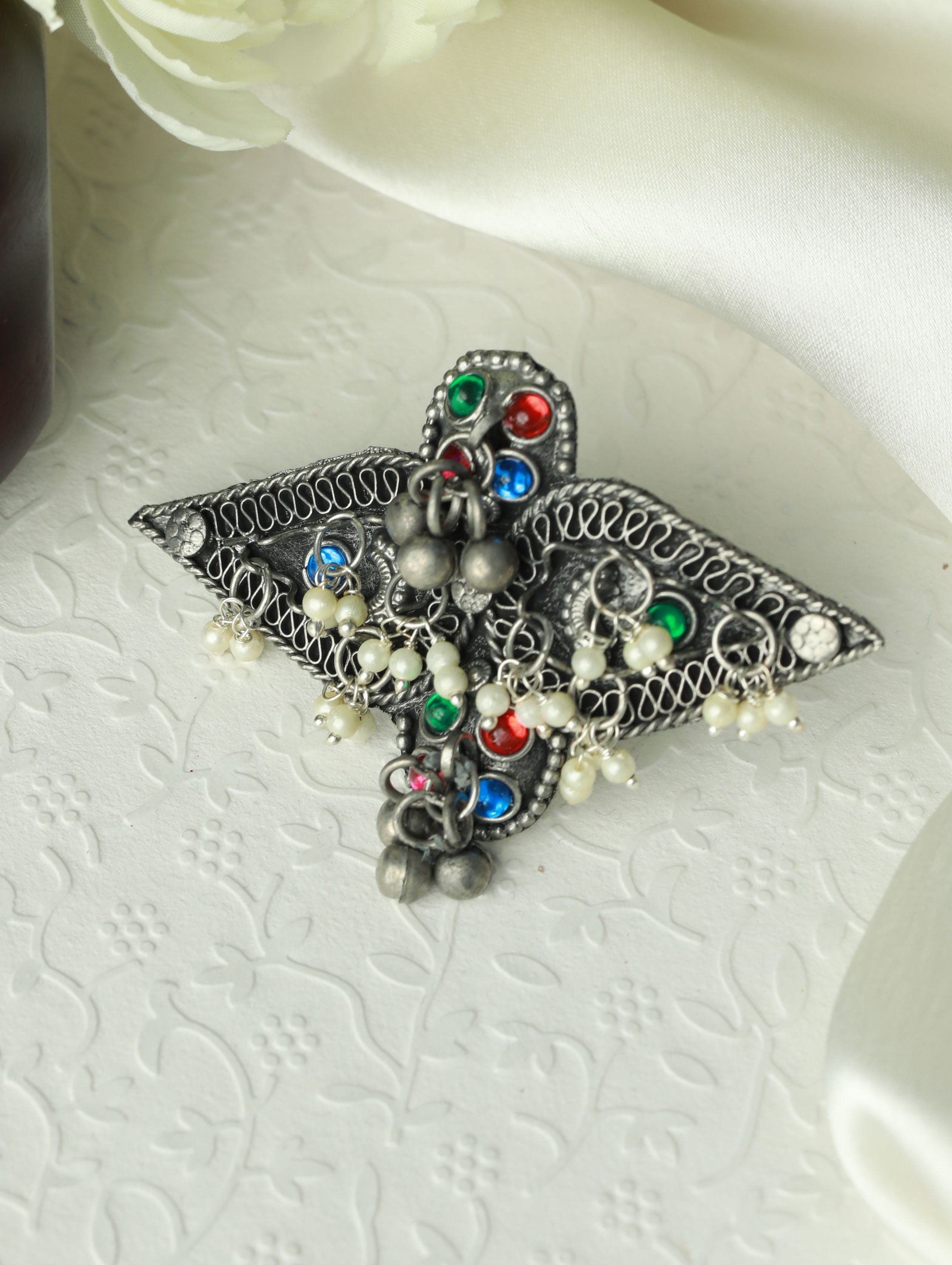 Multicolored Oversized Afghani Carved,Square Shaped Adjustable Handcrafted Finger Ring
