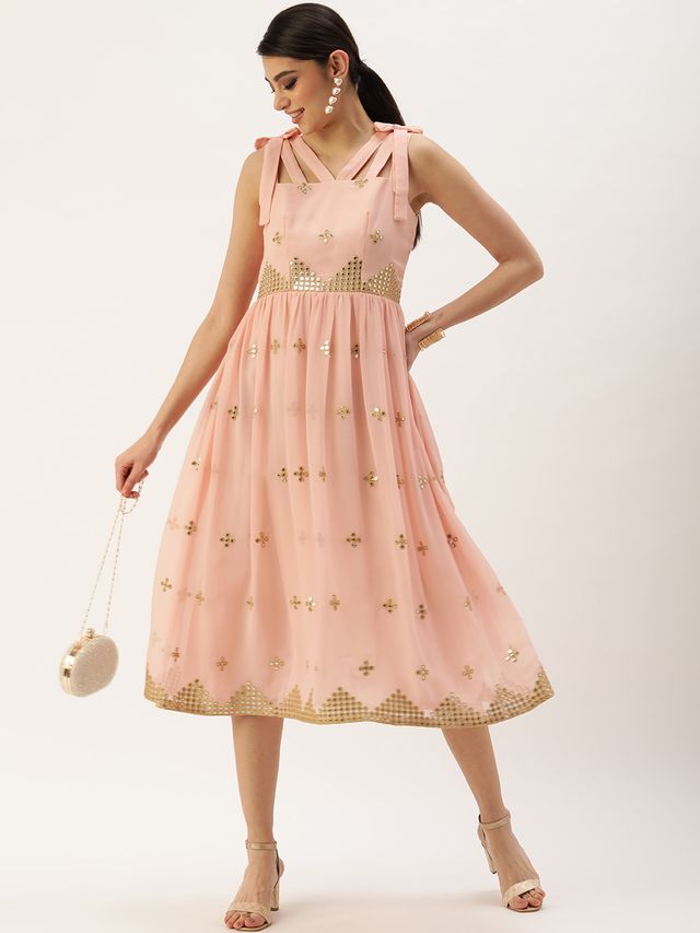 Bollywood Vogue Ready To Wear Mauve Embroidered Strap Neck Dress