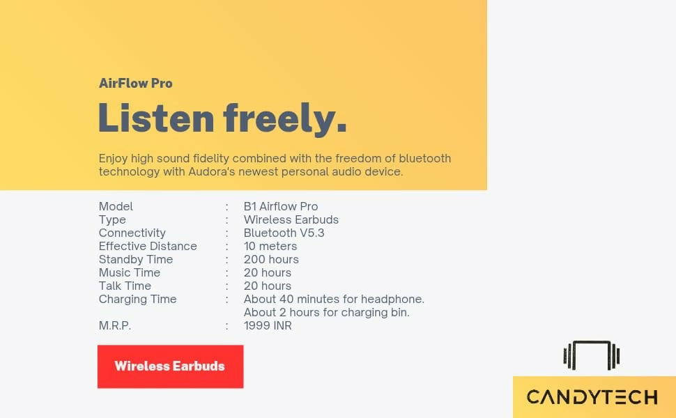 Candy Tech Airflow Pro Wireless Earbuds (Bass Boosted) with Touch Controls, 20H Playtime, 200H Standby, Fast USB Type-C Charging, In-Built Mic & IPX5 Water Resistance – Multicolour Dreams Gadgets