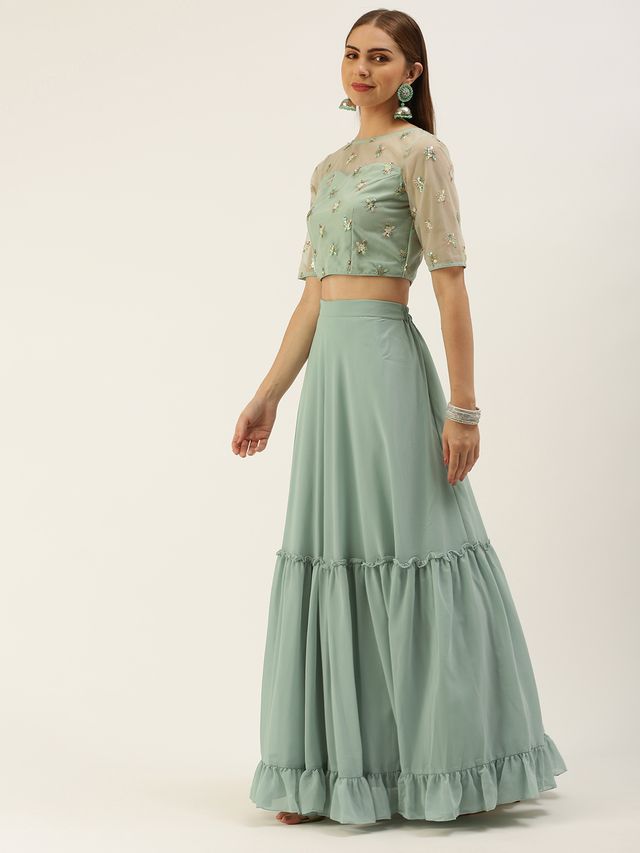 Bollywood Vogue Ready To Wear Light Peach N Green Embroidered Crop Top N Skirt