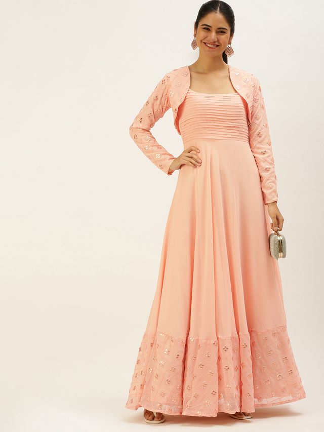 Bollywood Vogue Ready To Wear Peach Embroidered Gown With Jacket