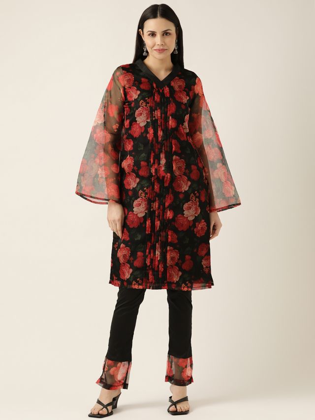 Bollywood Vogue Ready To Wear Black Digital Printed Organza Kurta Set