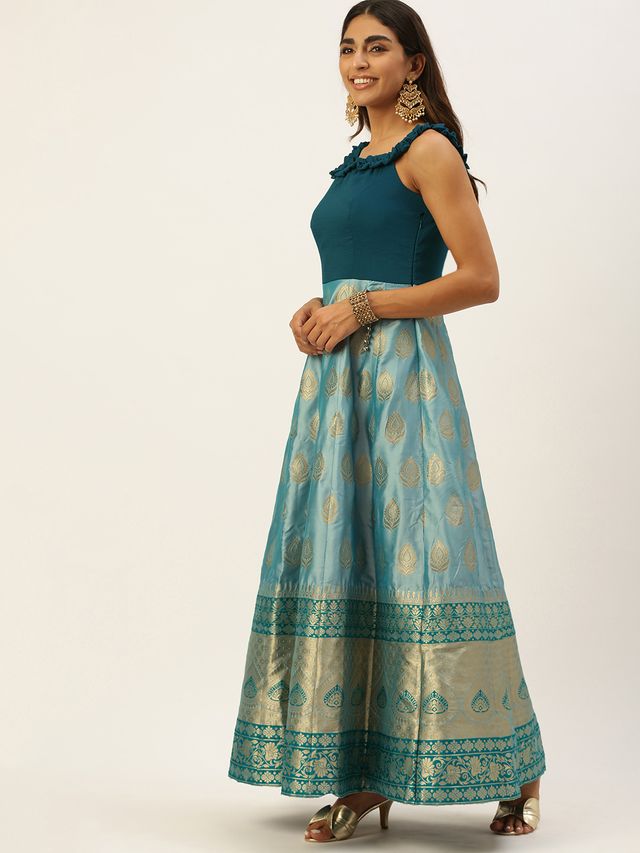 Bollywood Vogue Ready To Wear Blue Jacquard Kali Style Gown