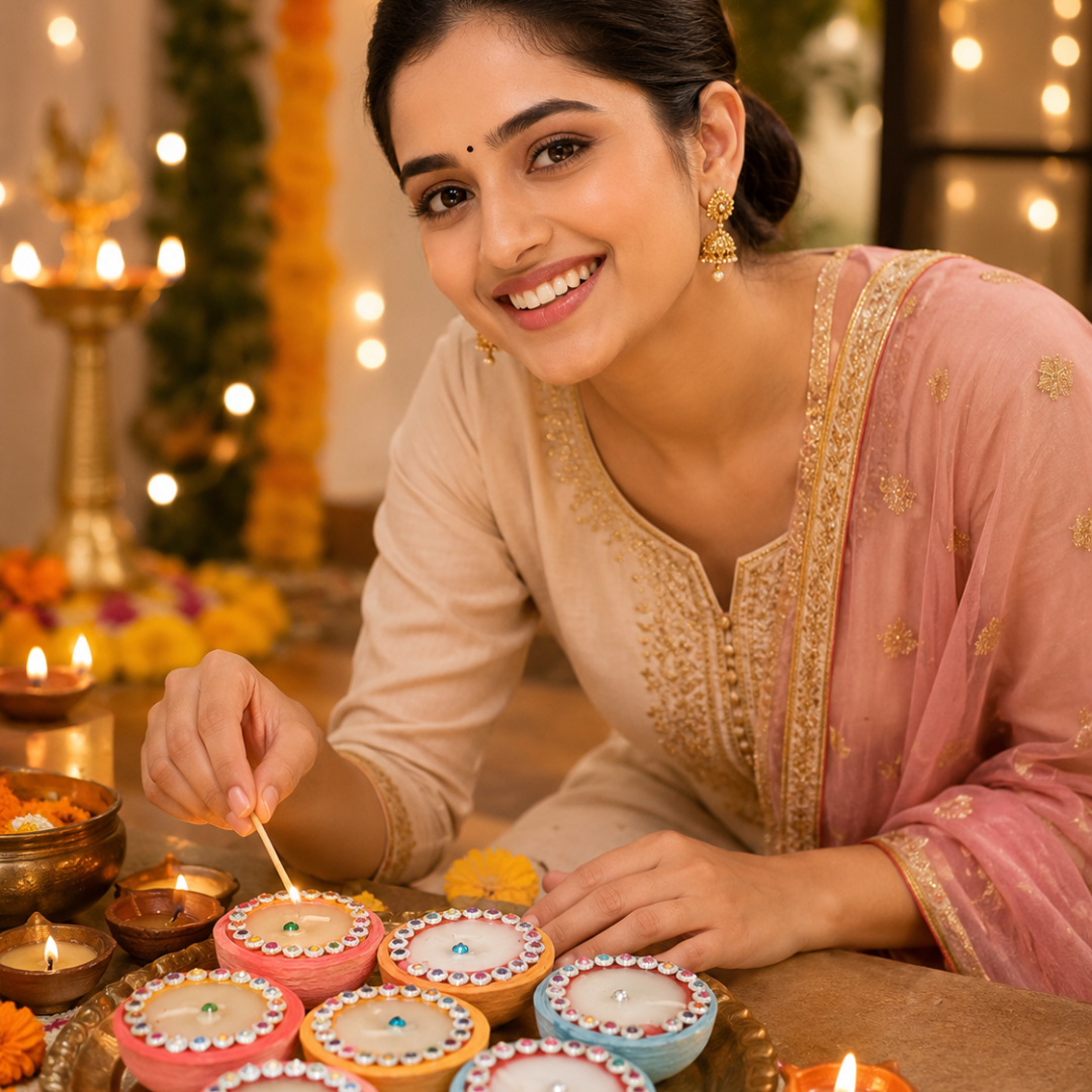 SBE Big Wax Diya – Set of 6 Handcrafted Decorative Clay Diyas with Wax & Wick for Festivals, Pooja & Home Décor”