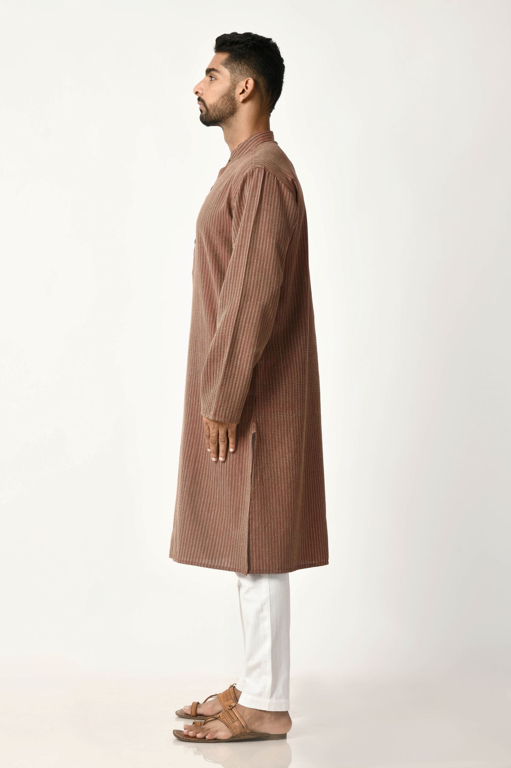 Burgundy Handwoven Dobby Stripe Cotton Long Kurta
