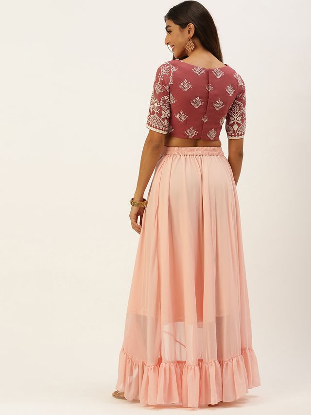 Bollywood Vogue Ready To Wear Mauve Embroidered N Peach Crop Top N Skirt