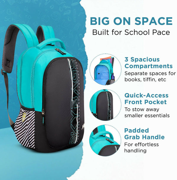 Skybags Large 38L Backpack Stash Black 38L School Backpack for Boys and Girls with 3 Compartments - kids (Black) HalfPe - FW -TPT